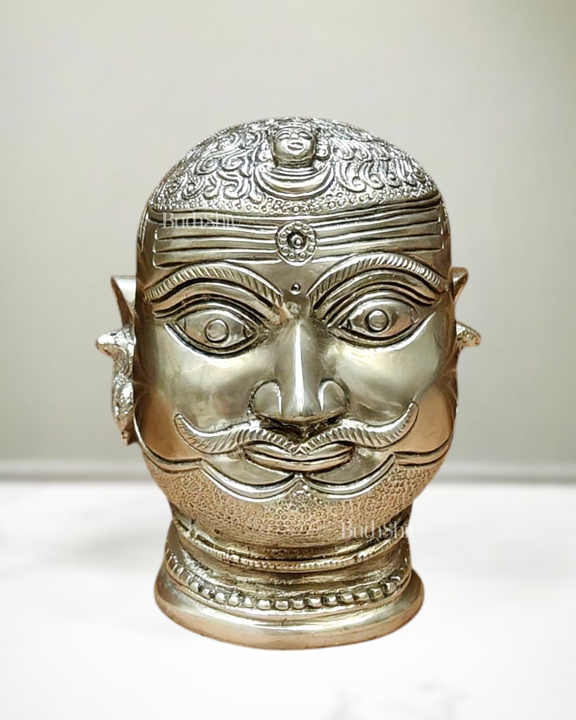 Pure Brass Lord Shiva Mukhalingam Face Statue - Silver plated 6" - Sama Homes Idol - Brass Sculpture - Eco-friendly - Sama Homes