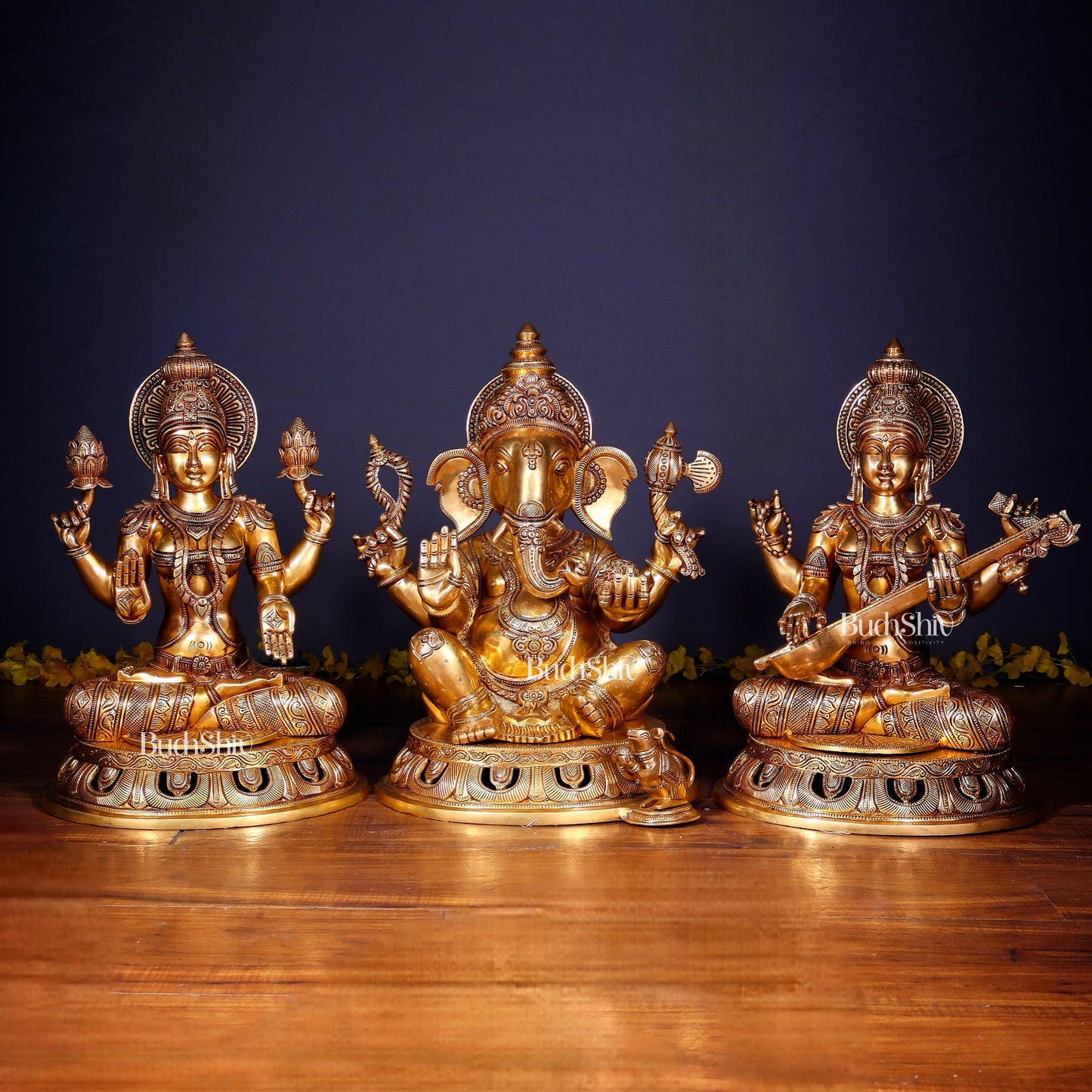 Brass Superfine Ganesh Lakshmi Saraswati Large Idol Set – Intricate Carvings 18" | 55 kg | 100% Certified Copper & Brass - Sama Homes Idol - Brass Sculpture