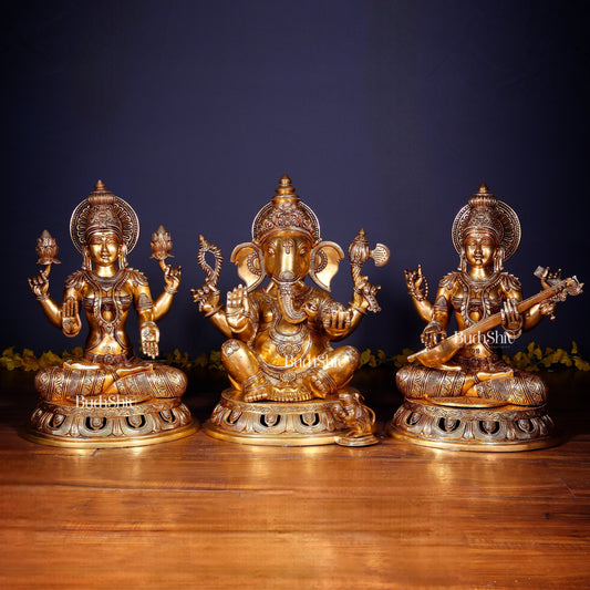 Brass Superfine Ganesh Lakshmi Saraswati Large Idol Set – Intricate Carvings 18" | 55 kg | 100% Certified Copper & Brass - Sama Homes Idol - Brass Sculpture