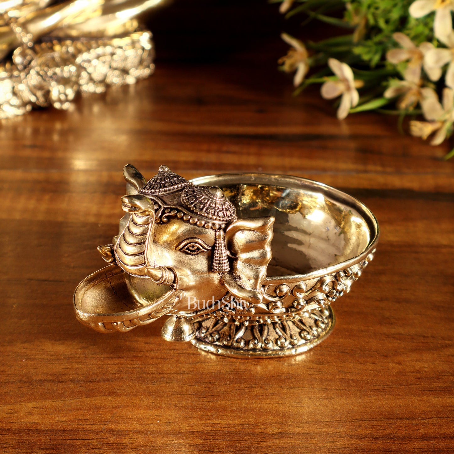 Beautiful Superfine Brass Elephant Face Design Diya – Intricate Carvings – Sama Homes