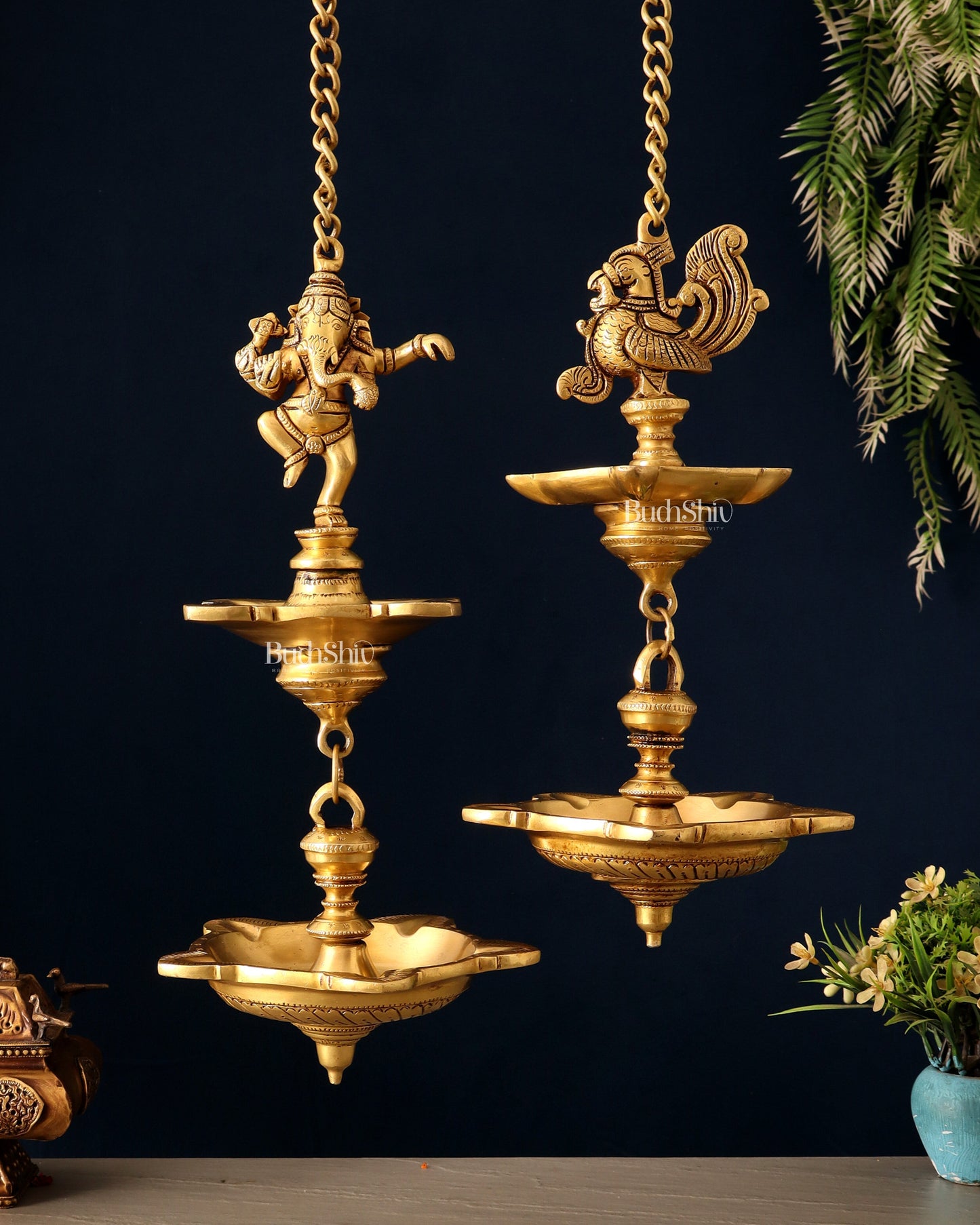 Brass Dancing Ganesha & Peacock Hanging Lamps 27 inch | 100% Certified Copper & Brass - Sama Homes Idol - Brass Sculpture