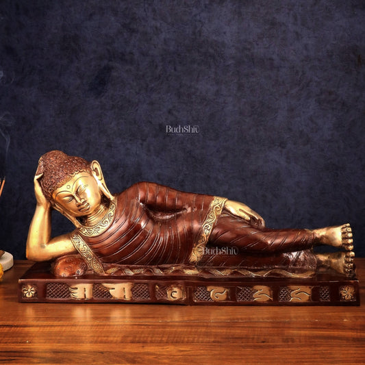 Brass Reclining sleeping Buddha Sculpture in Unique Dual Tone 20 inch | 100% Certified Copper & Brass - Sama Homes Idol - Brass Sculpture