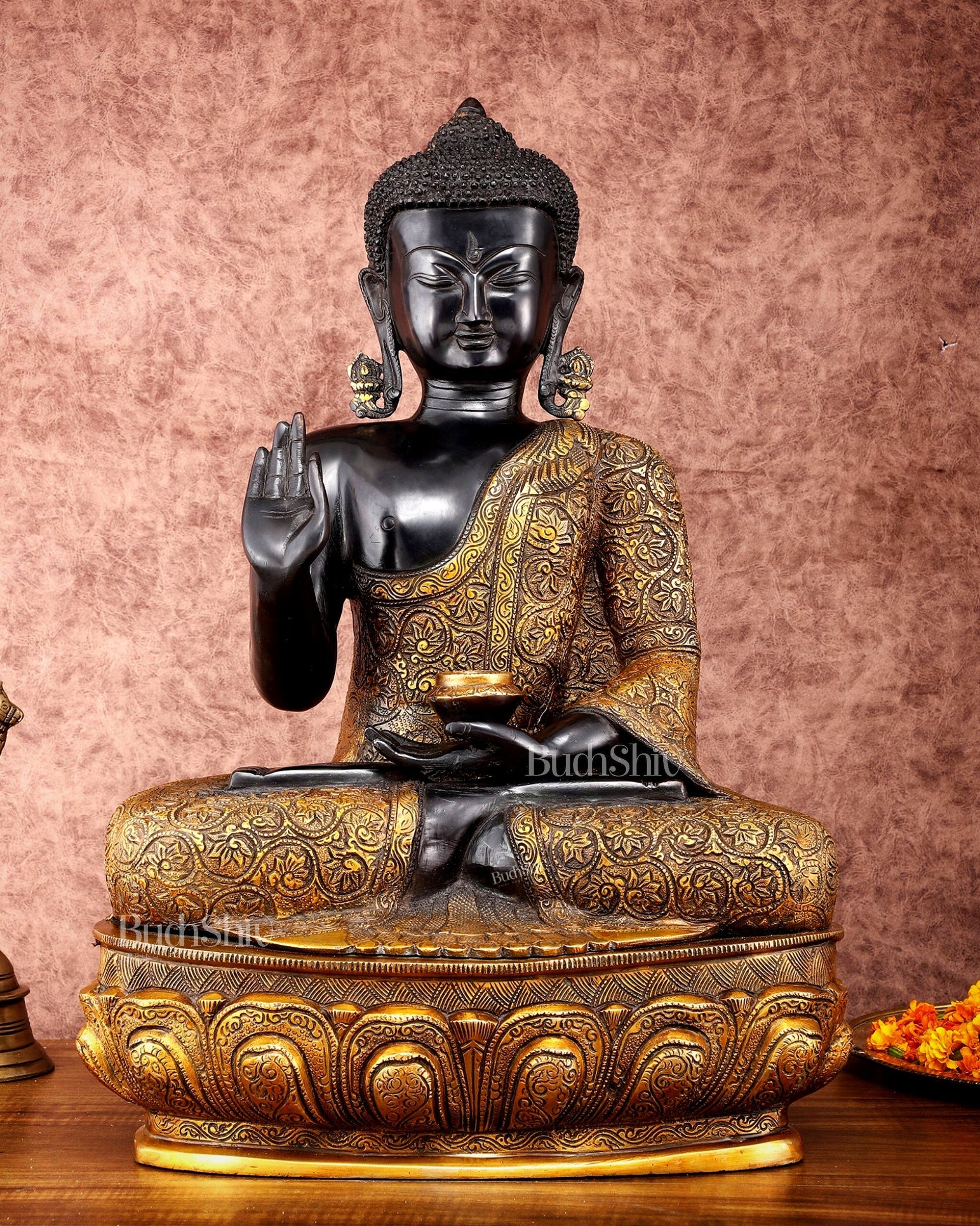 Brass Buddha Statue in Abhaya Mudra - 21.5" Tall, 22kg | 100% Certified Copper & Brass - Sama Homes Idol - Brass Sculpture - Eco-friendly - Sama Homes