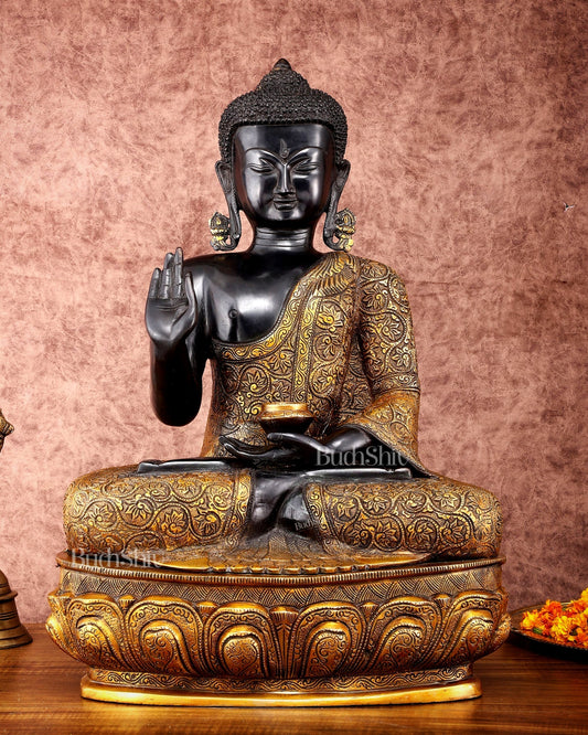 Brass Buddha Statue in Abhaya Mudra - 21.5" Tall, 22kg | 100% Certified Copper & Brass - Sama Homes Idol - Brass Sculpture