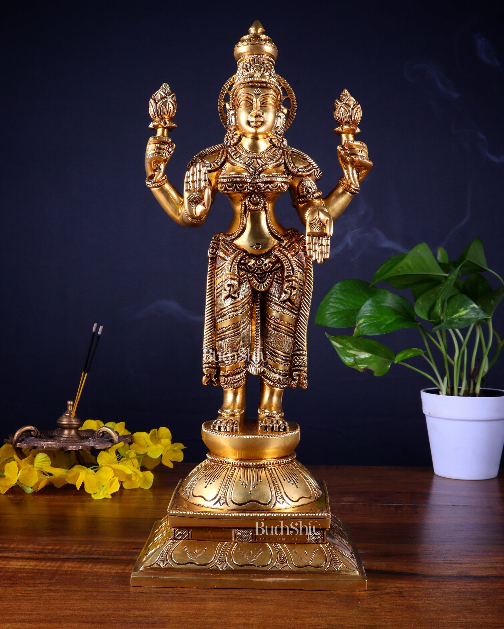 Brass Superfine Standing Goddess Lakshmi Statue – Highly Detailed 17 inch - Sama Homes Idol - Brass Sculpture - Eco-friendly - Sama Homes
