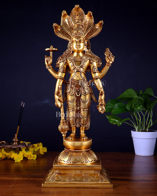 Pure Brass Standing Lord Vishnu with Sheshanaag – Highly Detailed Statue 18 inch - Sama Homes Idol - Brass Sculpture