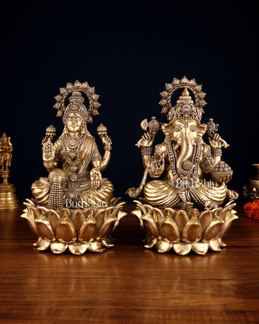 Pure Brass Ganesha & Lakshmi on Lotus – Padmasan Mudra Idol Pair 6 inch - Sama Homes Idol - Brass Sculpture