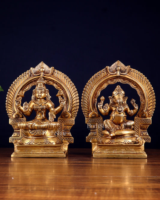 Brass Superfine valumburi Ganesh Lakshmi in padmasana with Prabhavali Idol Set 9" - Sama Homes Idol - Brass Sculpture