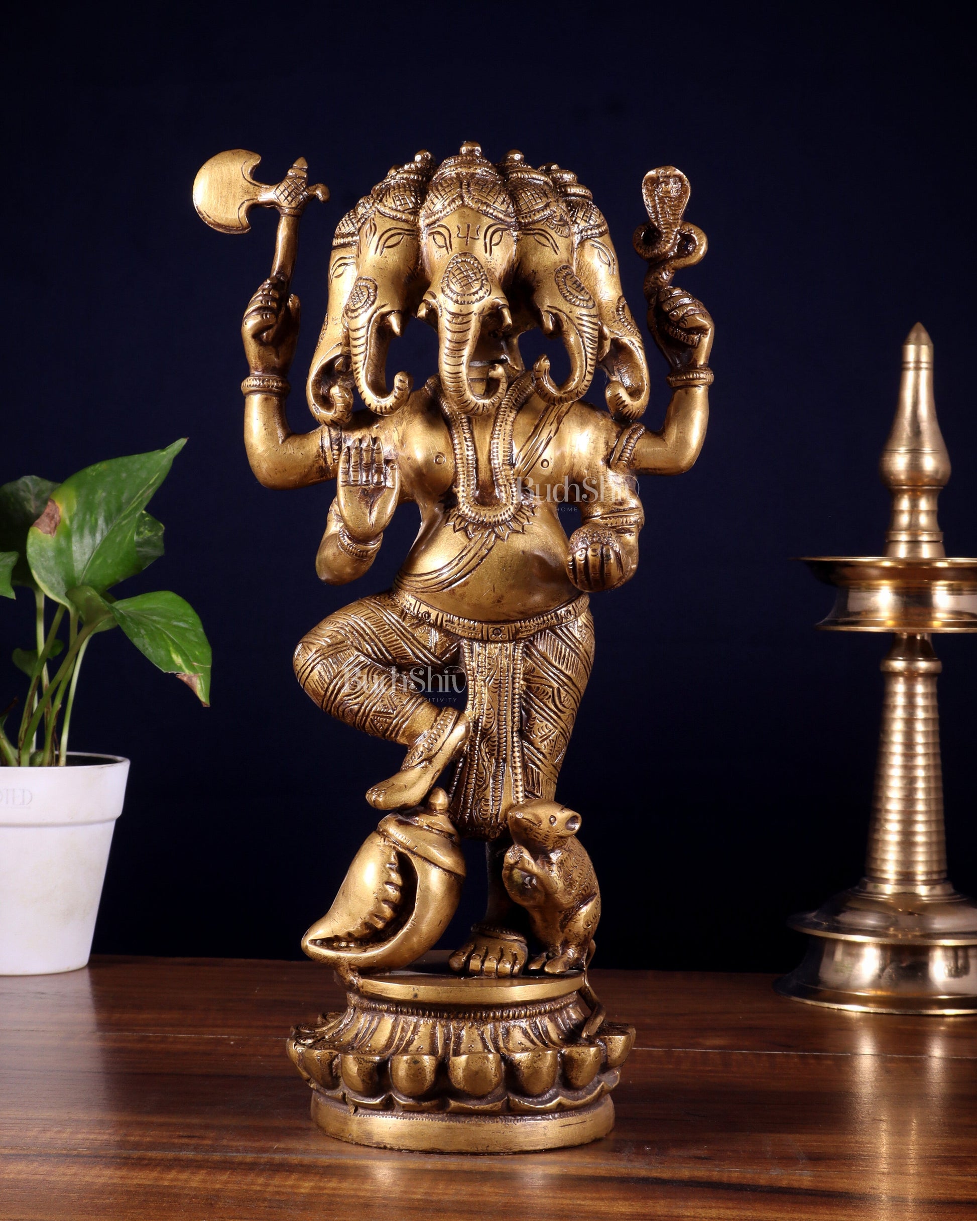 Brass Standing Panchmukhi Ganesha Statue 12 inch | 100% Certified Copper & Brass - Sama Homes Idol - Brass Sculpture - Eco-friendly - Sama Homes