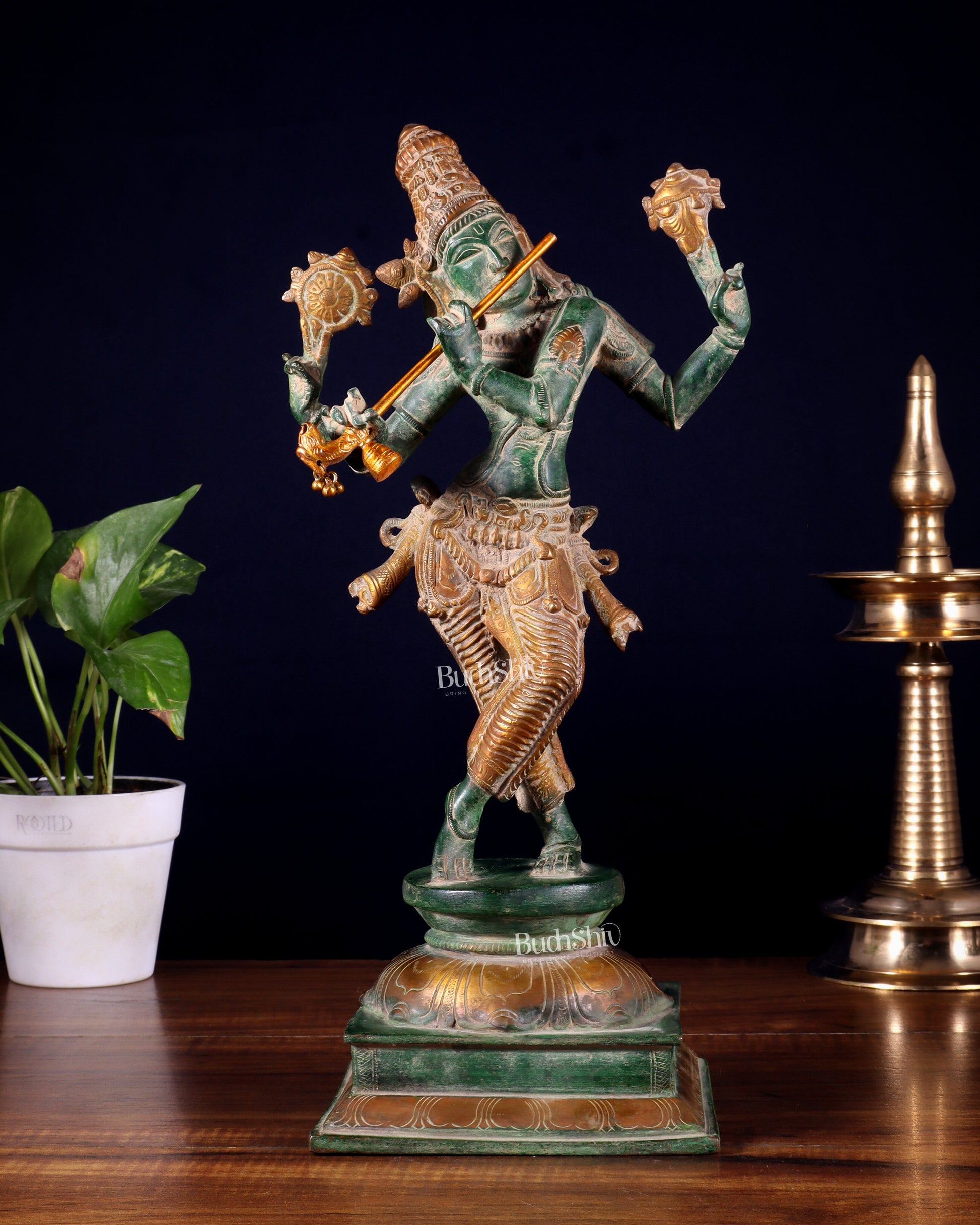 Vintage Brass Vishnu as Lord Krishna Statue - Green Sand Finish 14.5" - Sama Homes Idol - Brass Sculpture - Eco-friendly - Sama Homes