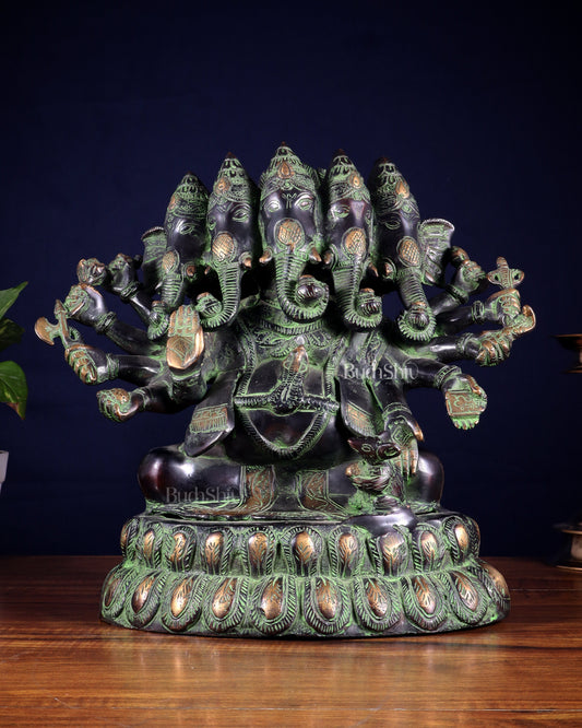 Pure Brass Large Panchmukhi Ganesha Statue - Black Green tone , 13" - Sama Homes Idol - Brass Sculpture