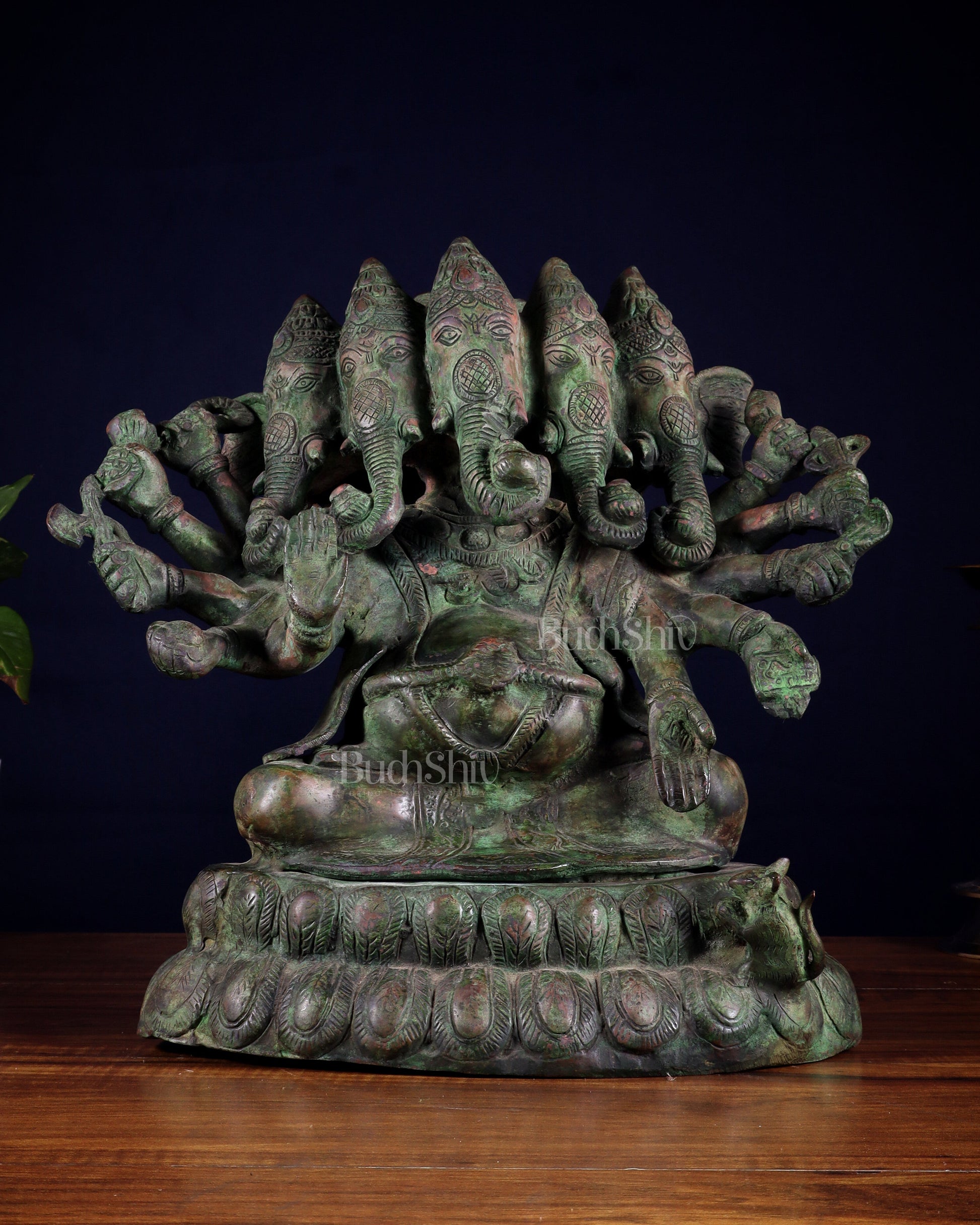 Pure Brass Large Panchmukhi Ganesha Statue - Vintage Green Patina, 13" - Sama Homes Idol - Brass Sculpture - Eco-friendly - Sama Homes