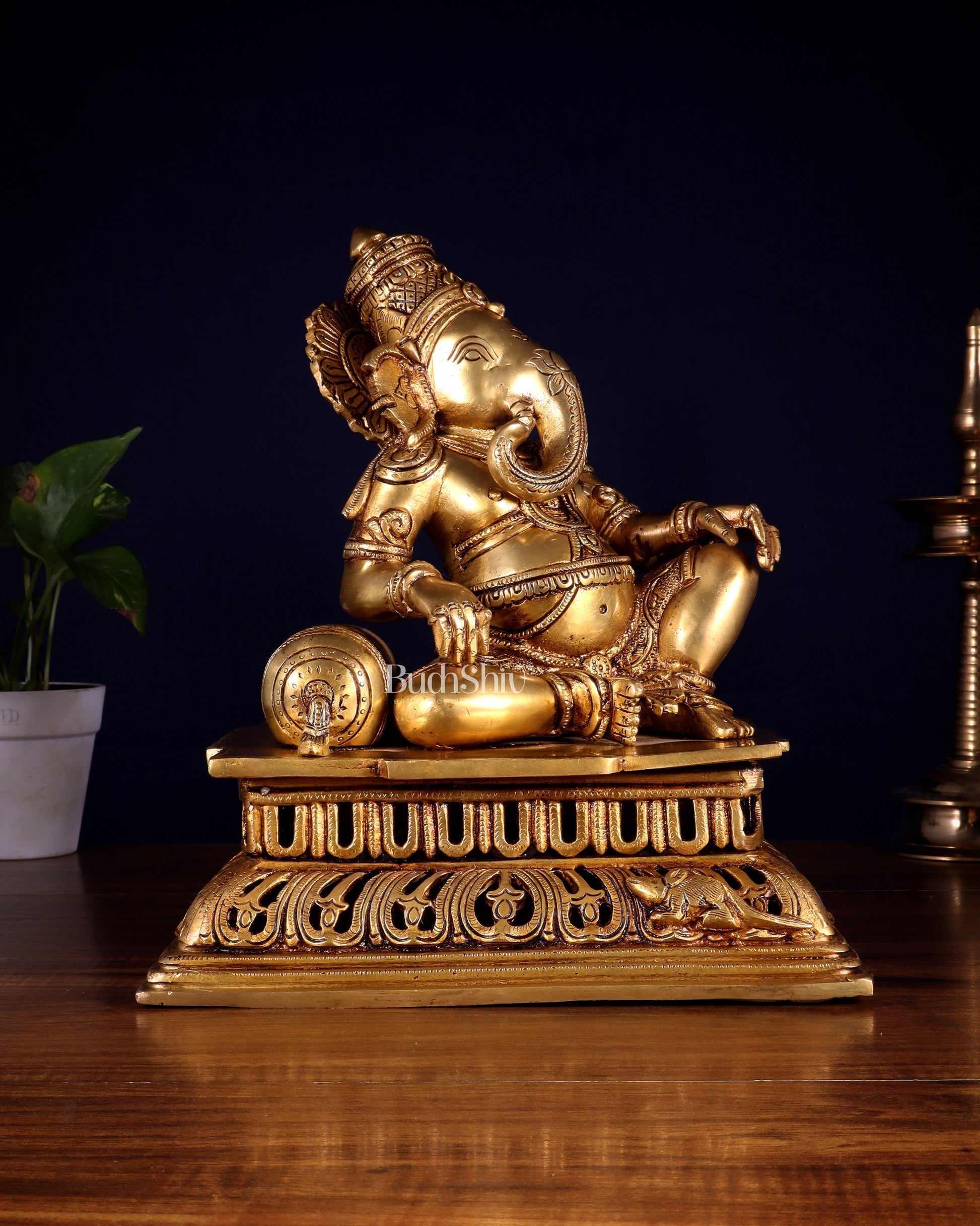 Pure Brass Resting Ganesha Statue 12" - Sama Homes Idol - Brass Sculpture - Eco-friendly - Sama Homes