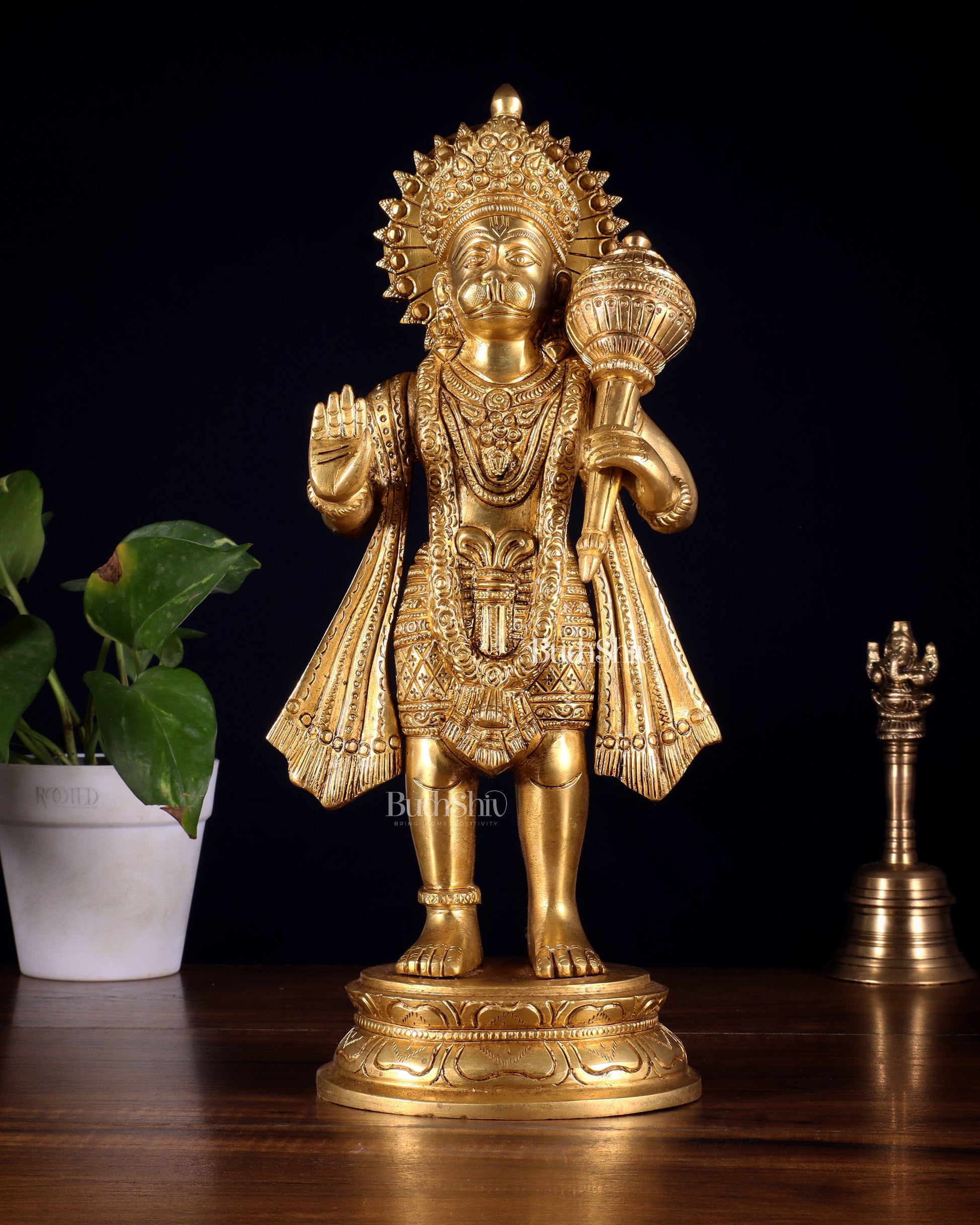 Pure Brass Standing Hanuman Idol 13.5 inch - Sama Homes Idol - Brass Sculpture - Eco-friendly - Sama Homes