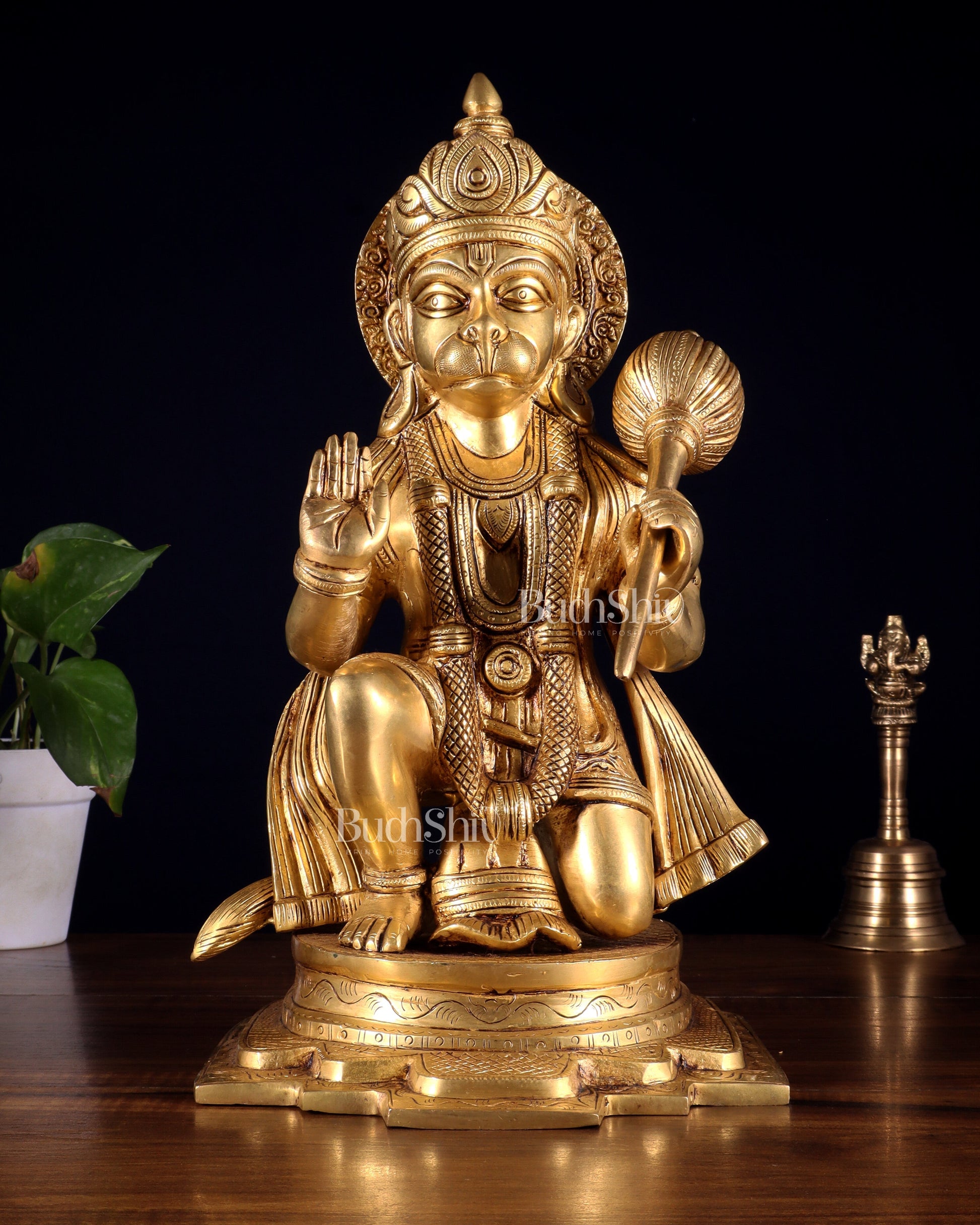 Pure Brass Blessing Hanuman Idol – Kneeling Pose with Right Leg Up 14 inch - Sama Homes Idol - Brass Sculpture - Eco-friendly - Sama Homes