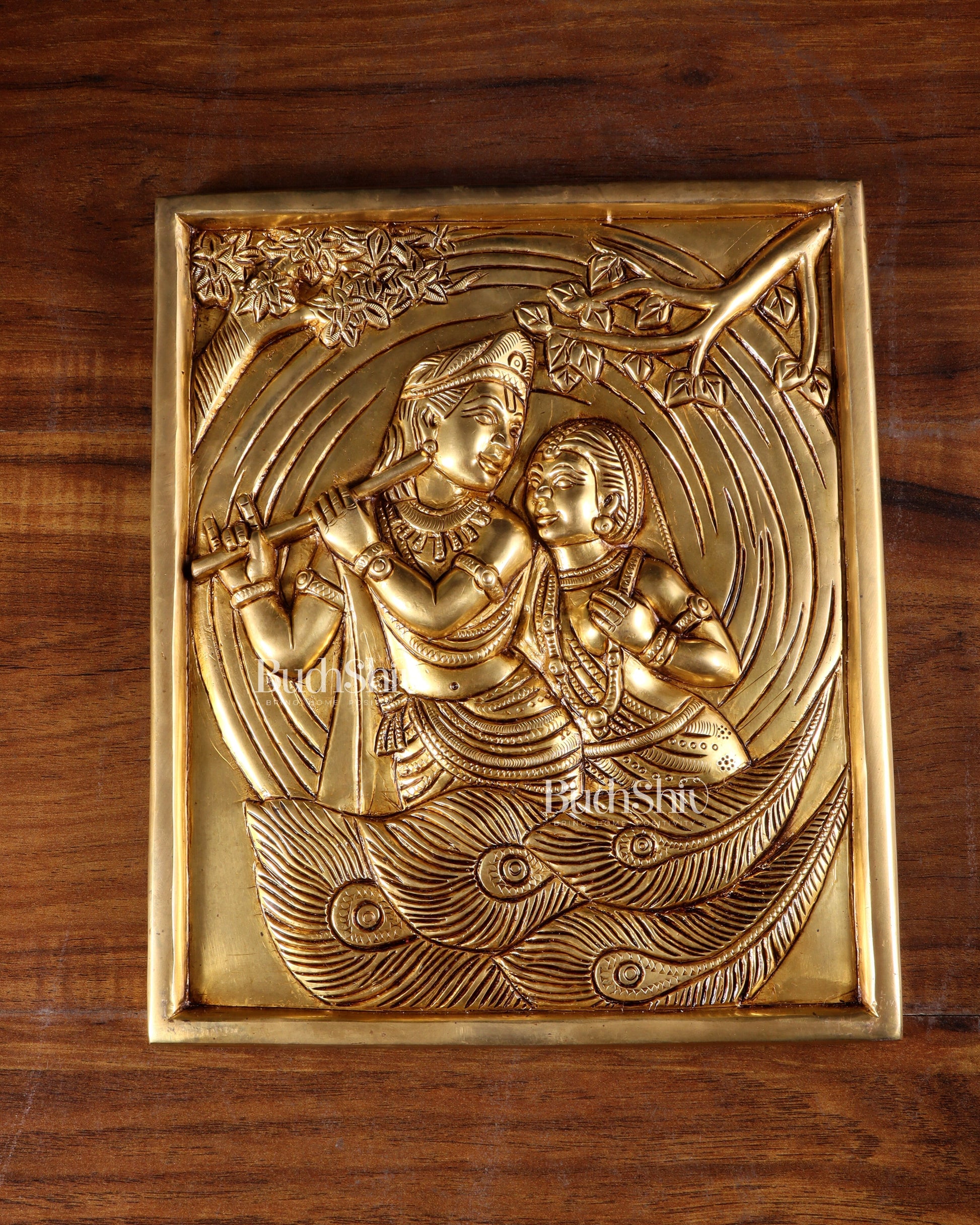 Pure Brass Radha Krishna with Kalpavriksha & Peacock Motifs – 3D Wall Hanging 11 inch - Sama Homes Idol - Brass Sculpture - Eco-friendly - Sama Homes
