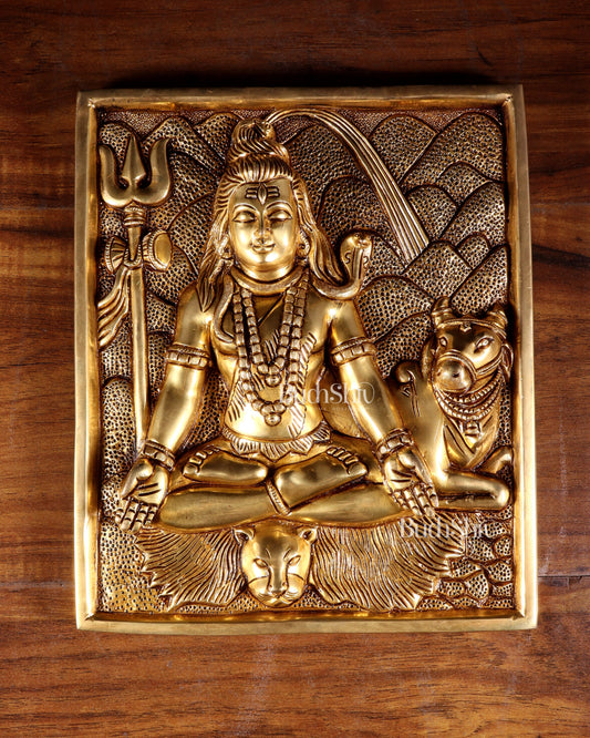 Pure Brass Lord Shiva in Meditation with Nandi – 3D Wall Hanging 11 inch - Sama Homes Idol - Brass Sculpture