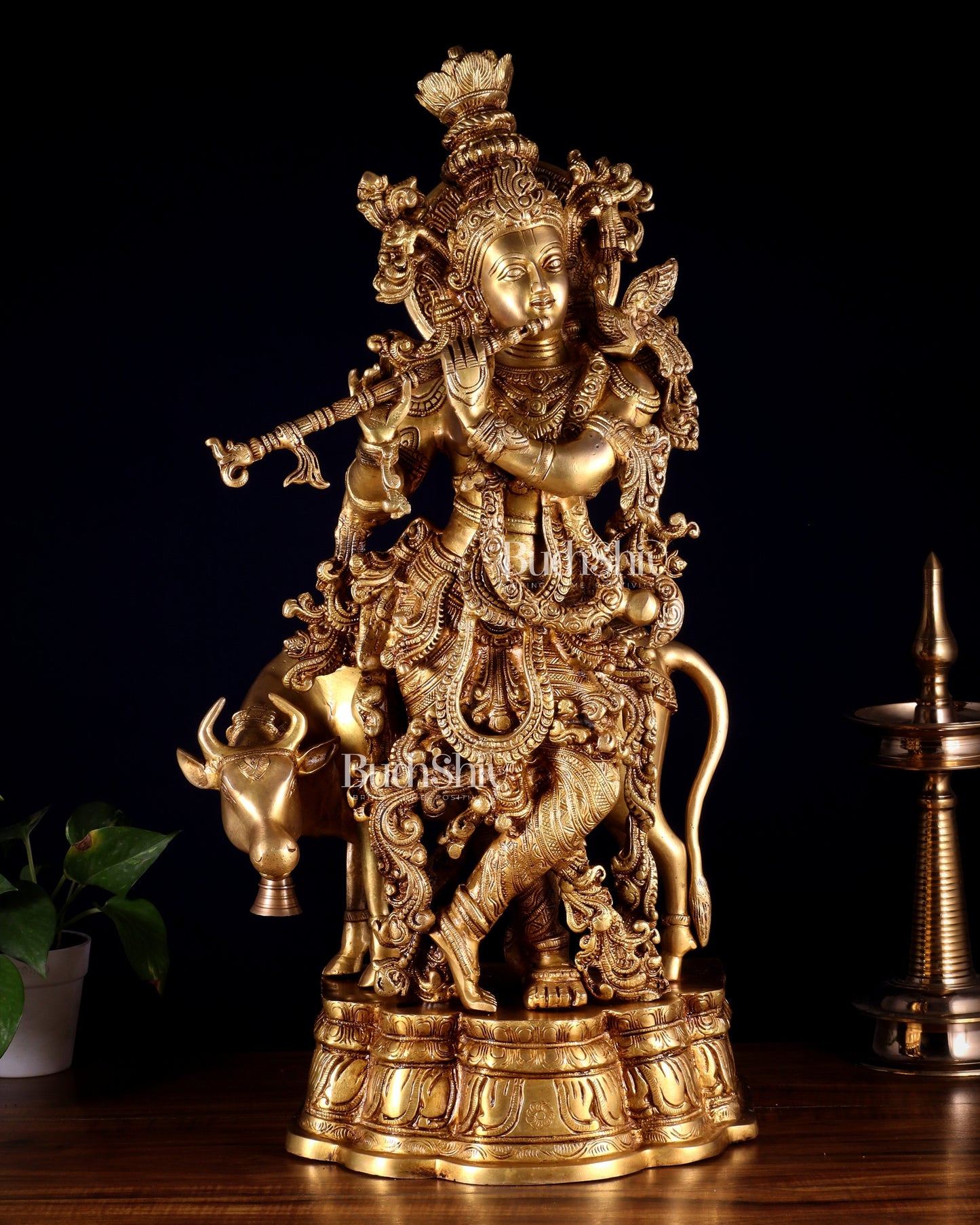 Pure Brass Krishna with cow large idol 26" - Sama Homes Idol - Brass Sculpture