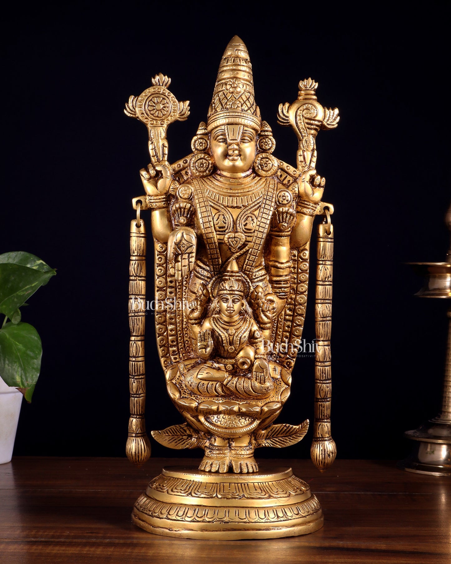 Brass Tirupati Balaji Statue with Lakshmi Engraved – 13"x5.5"x3.5" - Sama Homes Idol - Brass Sculpture