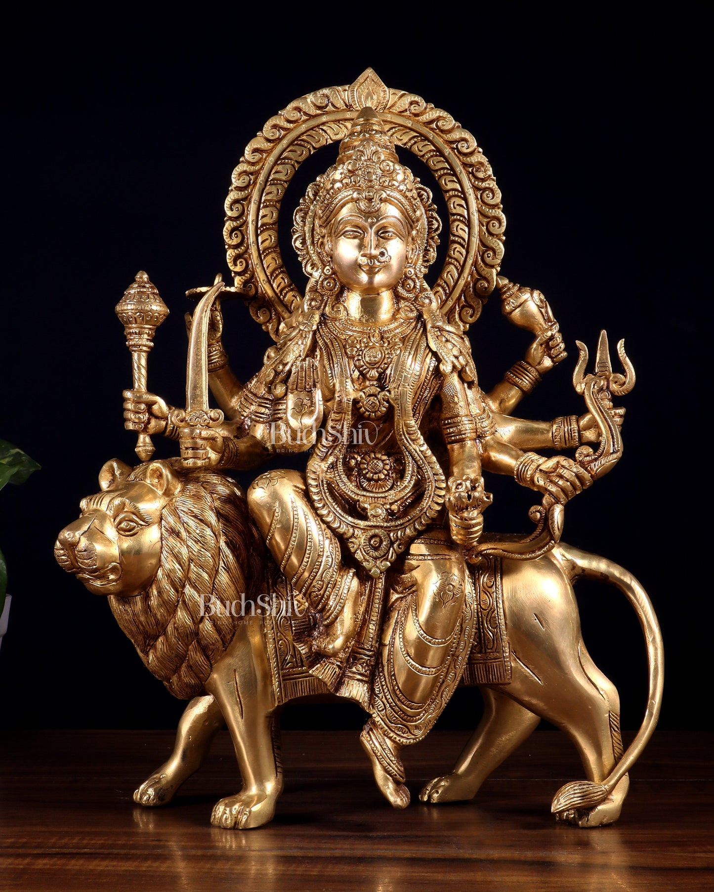 Pure Brass Durga ambe Mata on lion Idol 15 inch - Sama Homes Idol - Brass Sculpture
