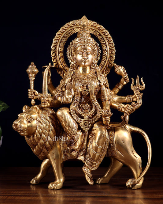 Pure Brass Durga ambe Mata on lion Idol 15 inch - Sama Homes Idol - Brass Sculpture