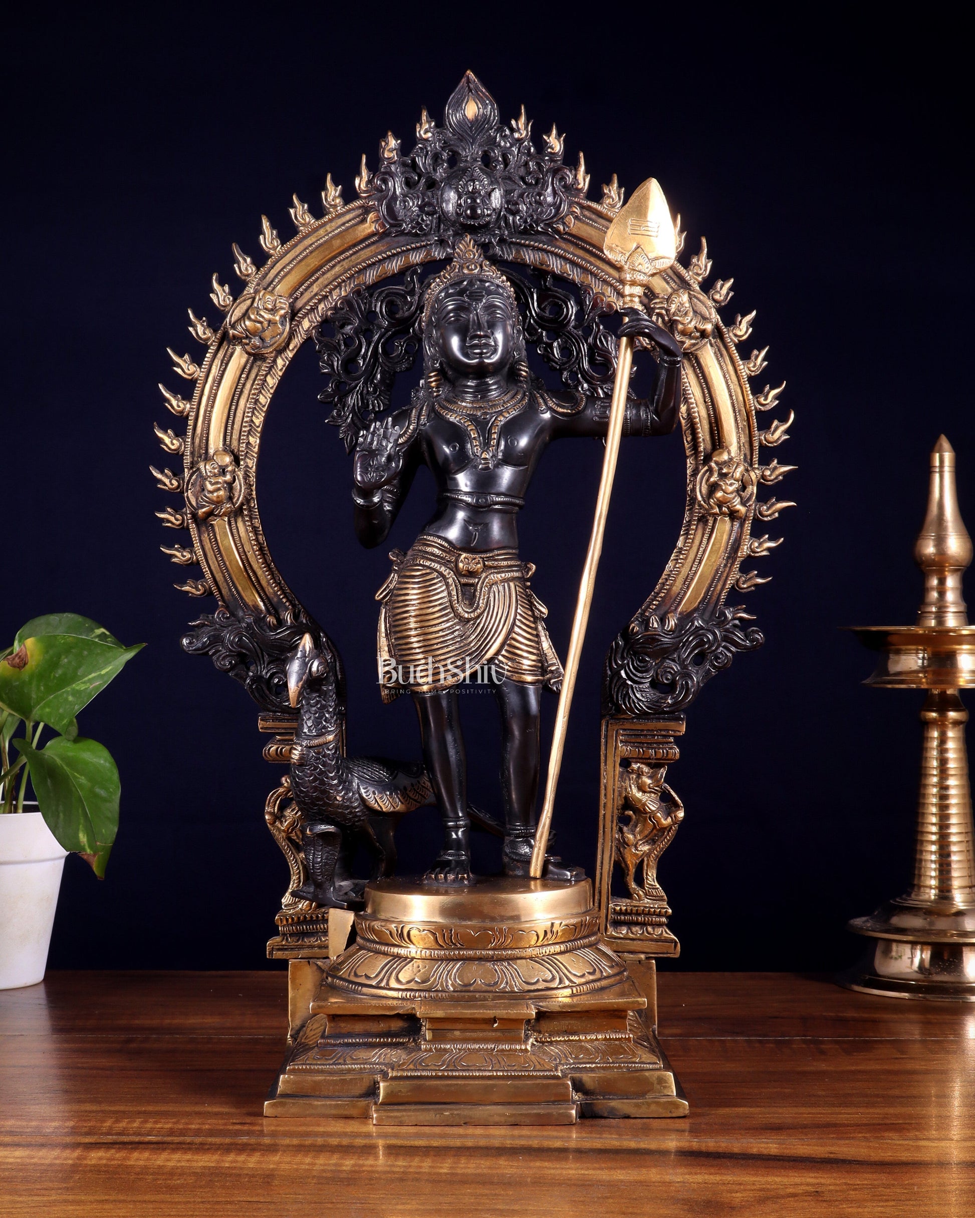 Pure Brass Lord Murugan Swamy Kartikeya Statue 16.5 inch - Eco-friendly - Sama Homes