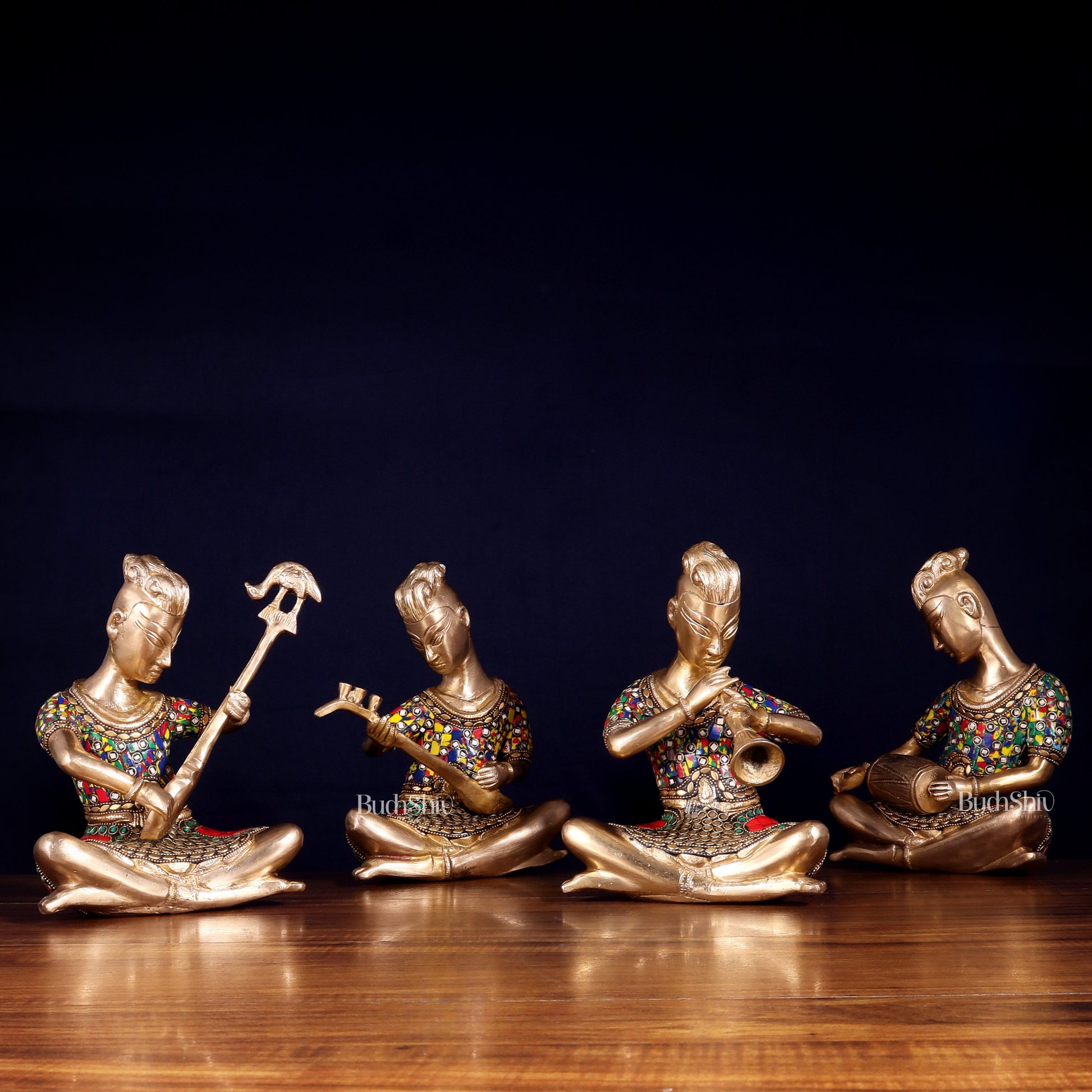Brass Tribal Musicians Set with abstract Stonework | Height: 9 inch - Sama Homes Idol - Brass Sculpture - Eco-friendly - Sama Homes