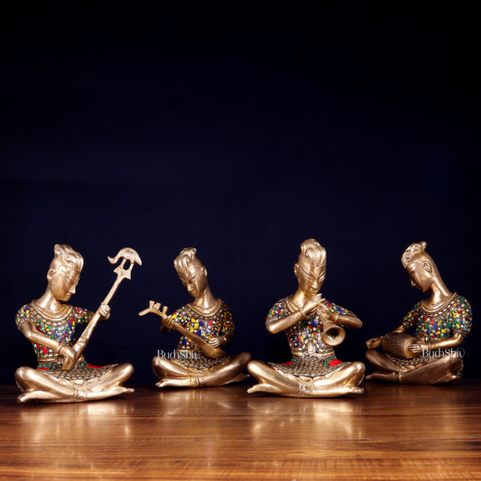 Brass Tribal Musicians Set with abstract Stonework | Height: 9 inch - Sama Homes Idol - Brass Sculpture