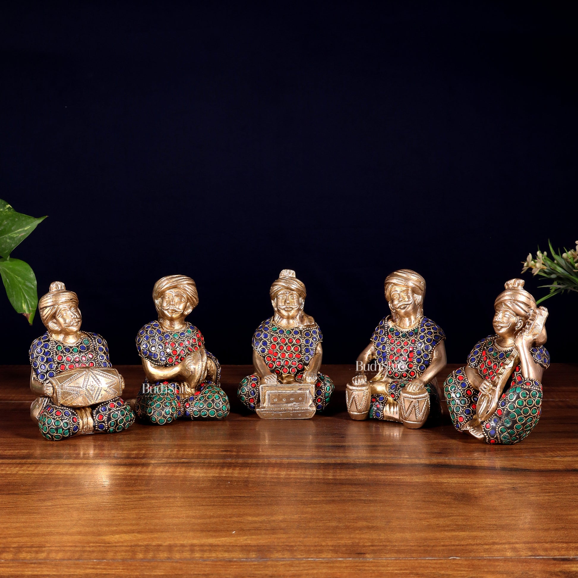 Pure Brass Rajasthani Musicians – Set of 5 Traditional Instrument Players - Sama Homes Idol - Brass Sculpture - Eco-friendly - Sama Homes