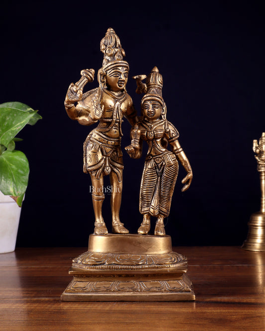 Pure Brass Superfine Shiv Parvati Idol - 9" - Sama Homes Idol - Brass Sculpture
