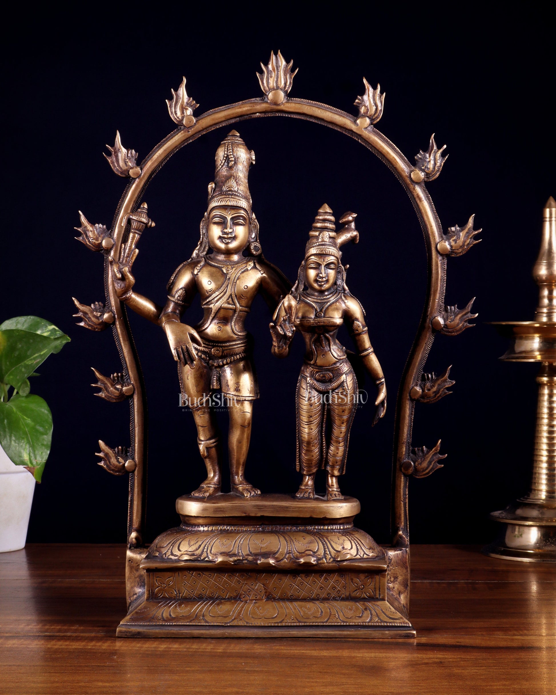 Pure Brass Antique Chola Style Shiv Parvati Idol - 14" Height - Sama Homes Idol - Brass Sculpture - Eco-friendly - Sama Homes