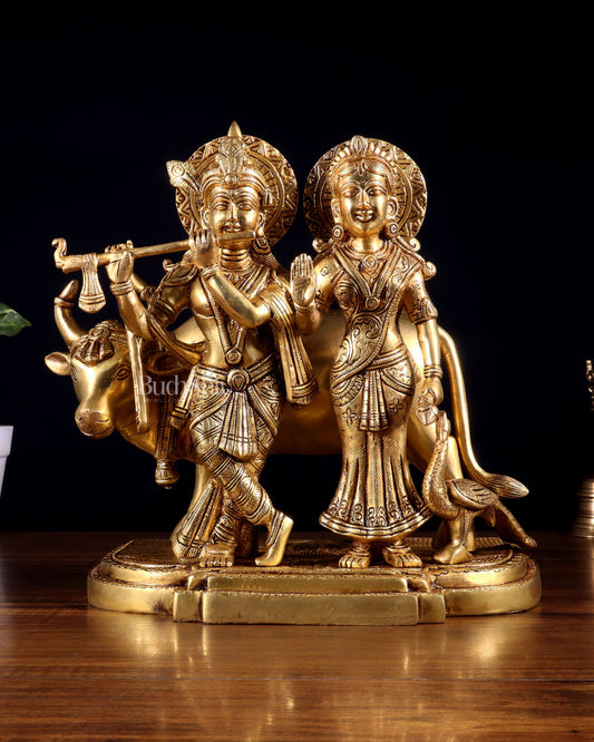 Pure Brass Radha Krishna with Cow Statue – Intricately Detailed 10 inch - Sama Homes Idol - Brass Sculpture