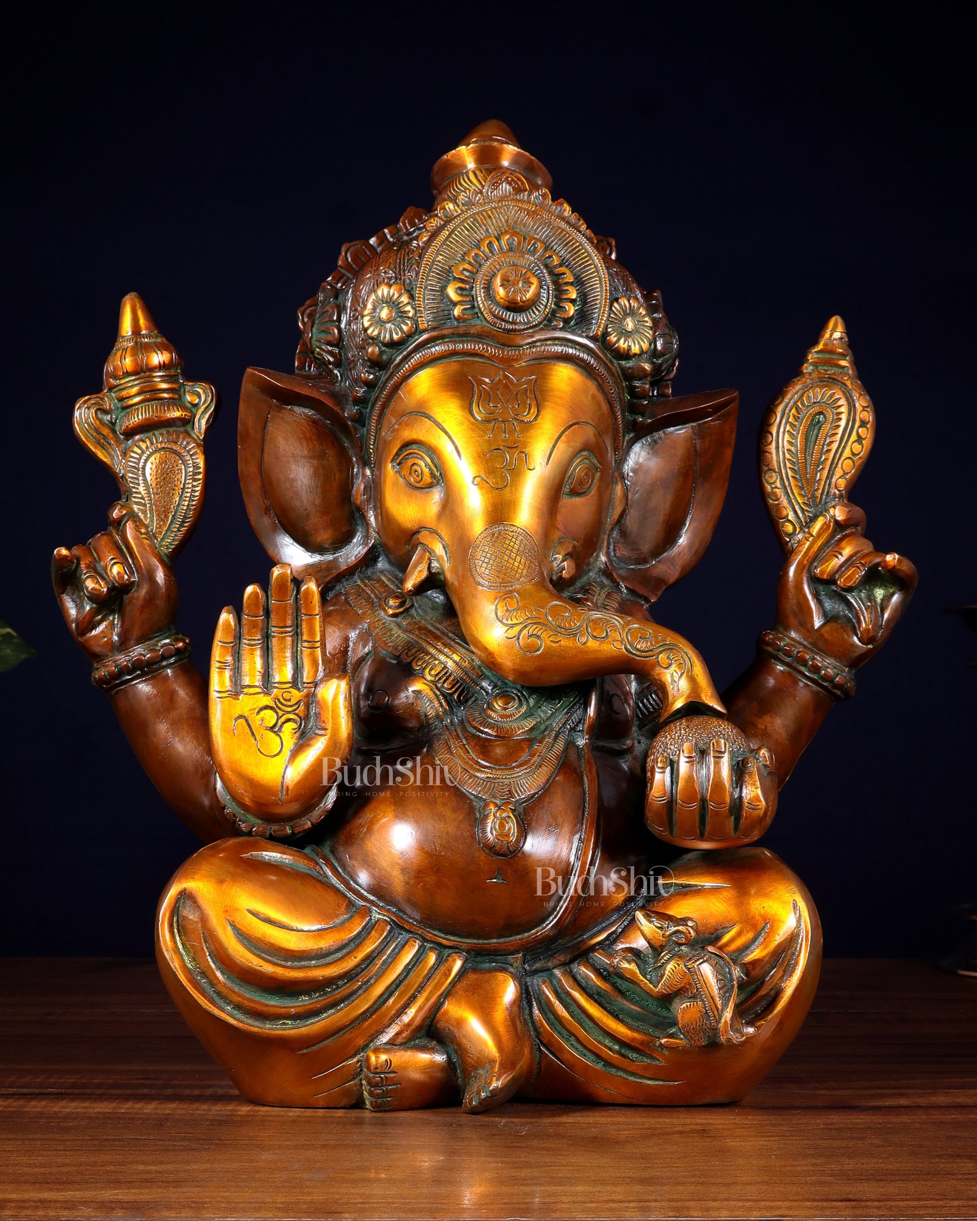 Pure Brass Large Crowned Ganesha Statue 15 inch - Sama Homes Idol - Brass Sculpture - Eco-friendly - Sama Homes