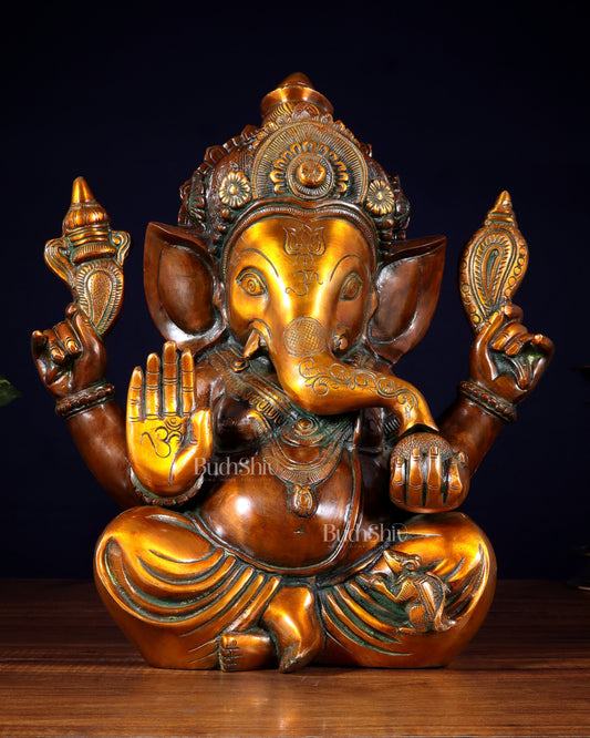 Pure Brass Large Crowned Ganesha Statue 15 inch - Sama Homes Idol - Brass Sculpture