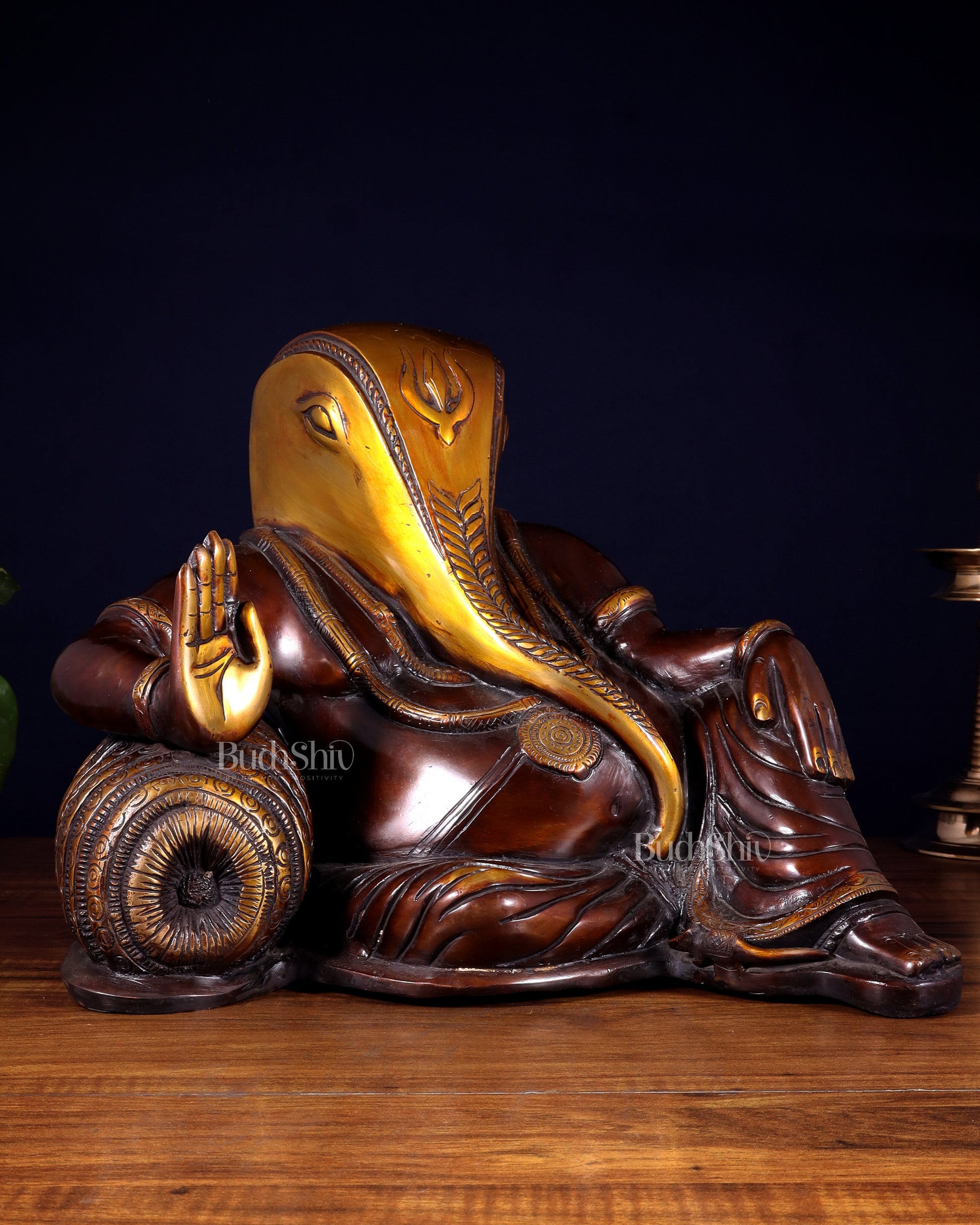 Abstract Resting Ganesha Statue – Pure Brass Dual Tone Finish 13 inch | 100% Certified Copper & Brass - Sama Homes Idol - Brass Sculpture - Eco-friendly - Sama Homes
