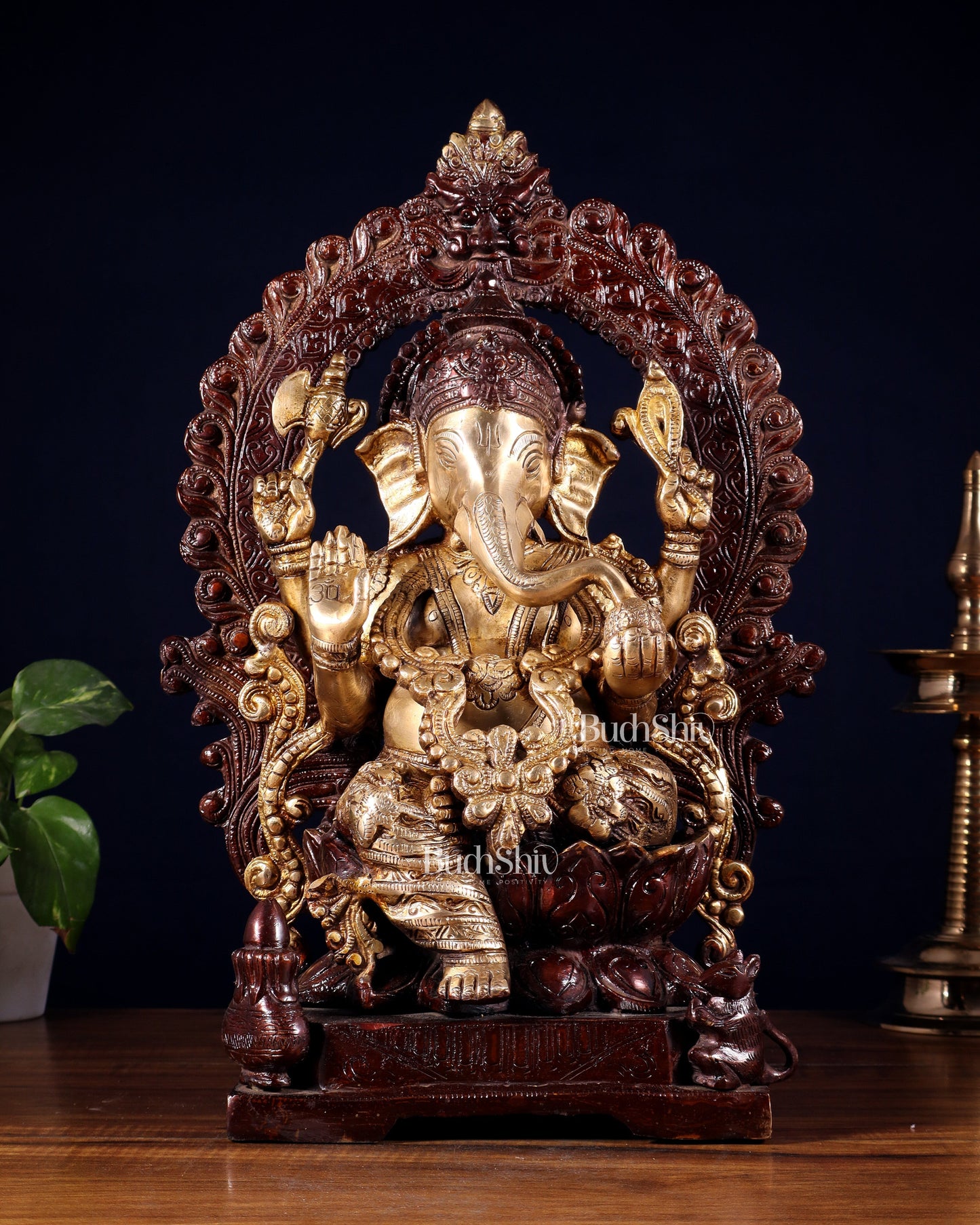 Pure Brass Ganesha with Prabhavali Statue – Dual Tone Finish 18 inch - Sama Homes Idol - Brass Sculpture