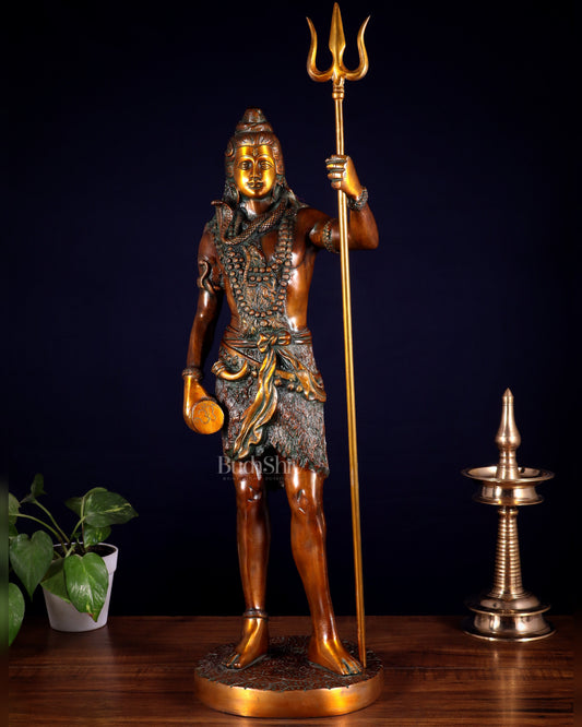 Brass Standing Shiva Statue – double chola tone with Trishul & Damru | 26" | 100% Certified Copper & Brass - Sama Homes Idol - Brass Sculpture