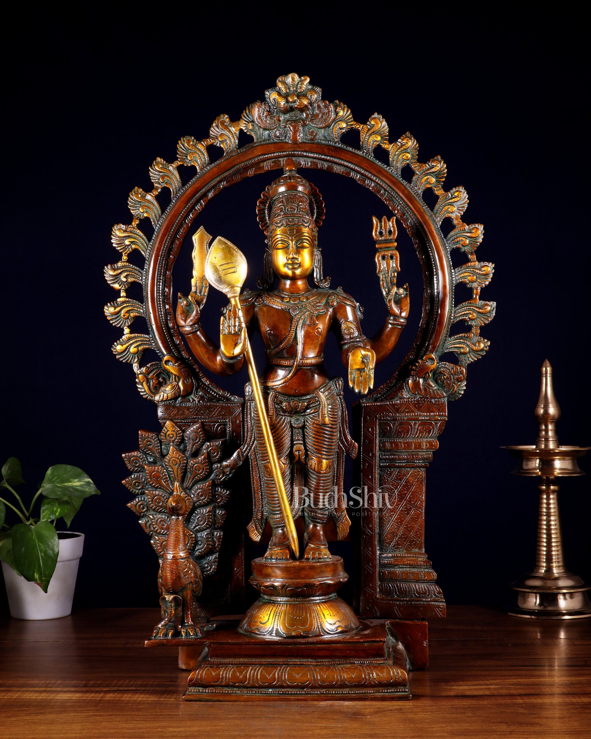 Pure Brass Murugan with Thiruvachi Prabhavali Arch 23 inch Double Chola Tone - Sama Homes Idol - Brass Sculpture - Eco-friendly - Sama Homes
