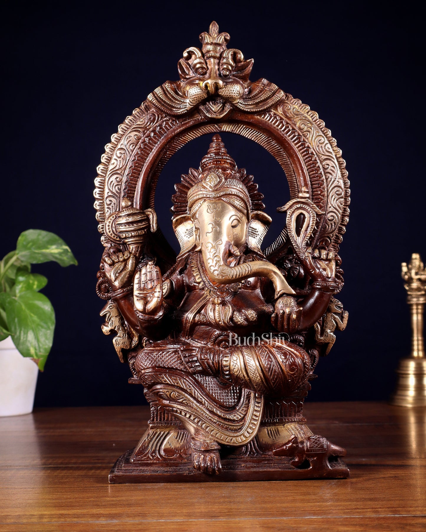 Pure Brass Lord Ganesha on Throne – Dual Tone Finish 12 inch - Sama Homes Idol - Brass Sculpture