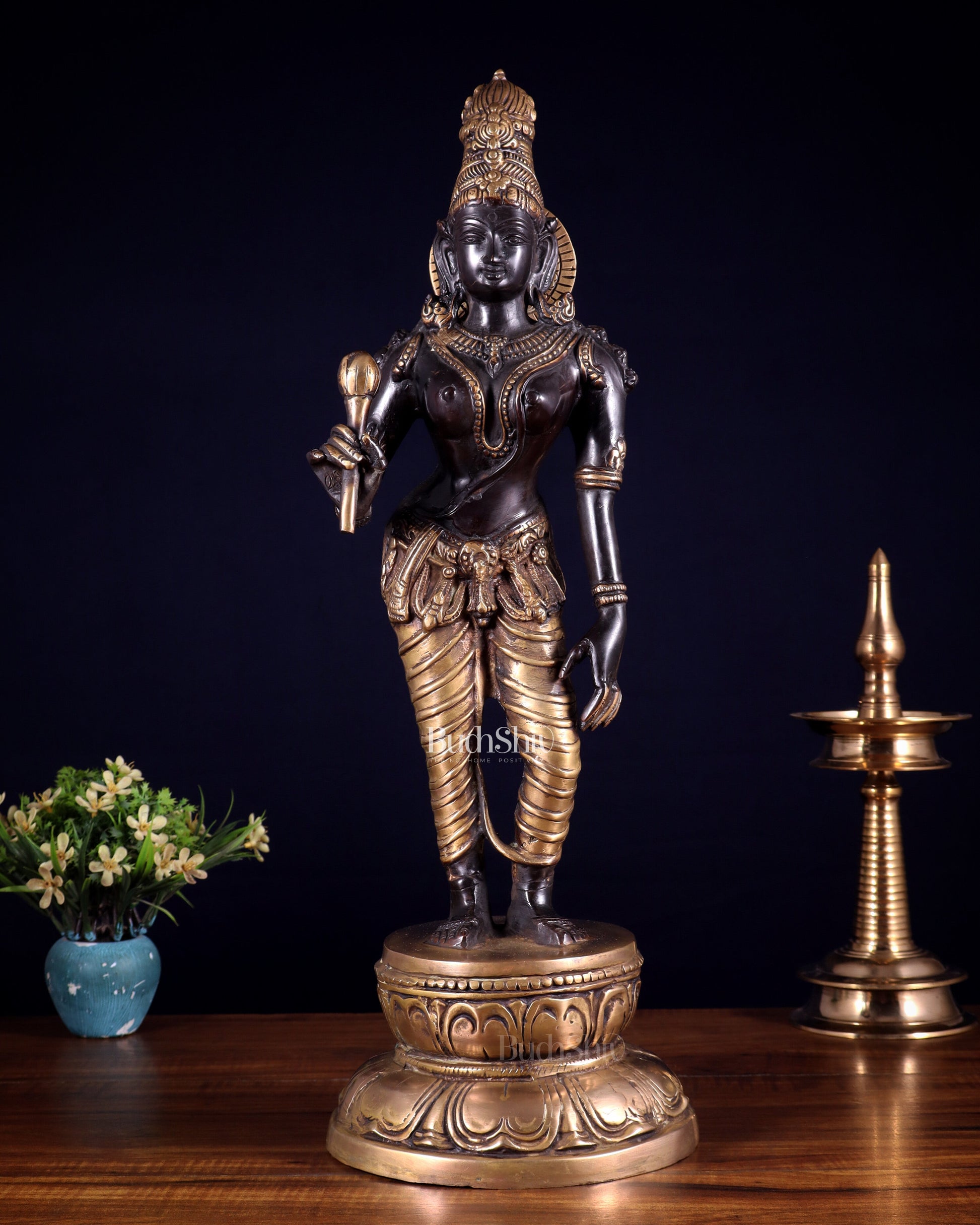 Beautiful Bhoga Shakti Pure Brass Uma Parvati Standing Statue – Black Edition 20 inch | 100% Certified Copper & Brass - Sama Homes Idol - Brass Sculpture - Eco-friendly - Sama Homes