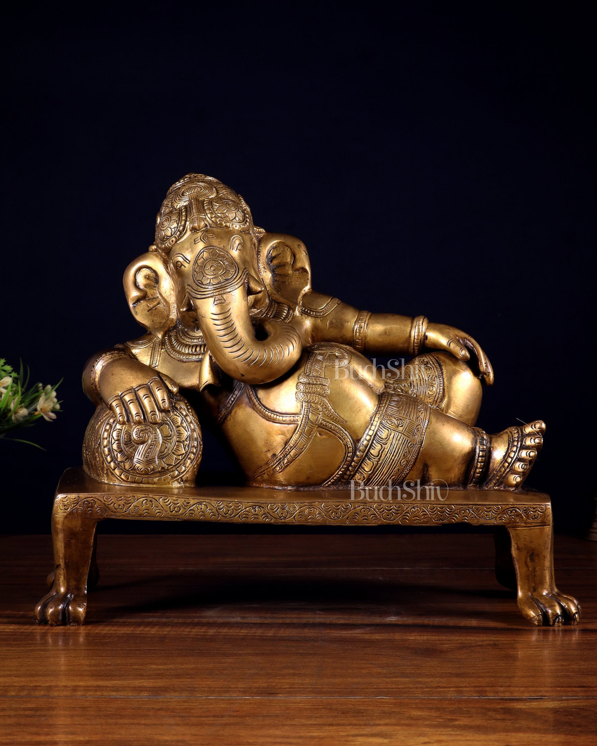 Brass Resting Ganesha Statue Idol - 12 Inch | 100% Certified Copper & Brass - Sama Homes Idol - Brass Sculpture - Eco-friendly - Sama Homes