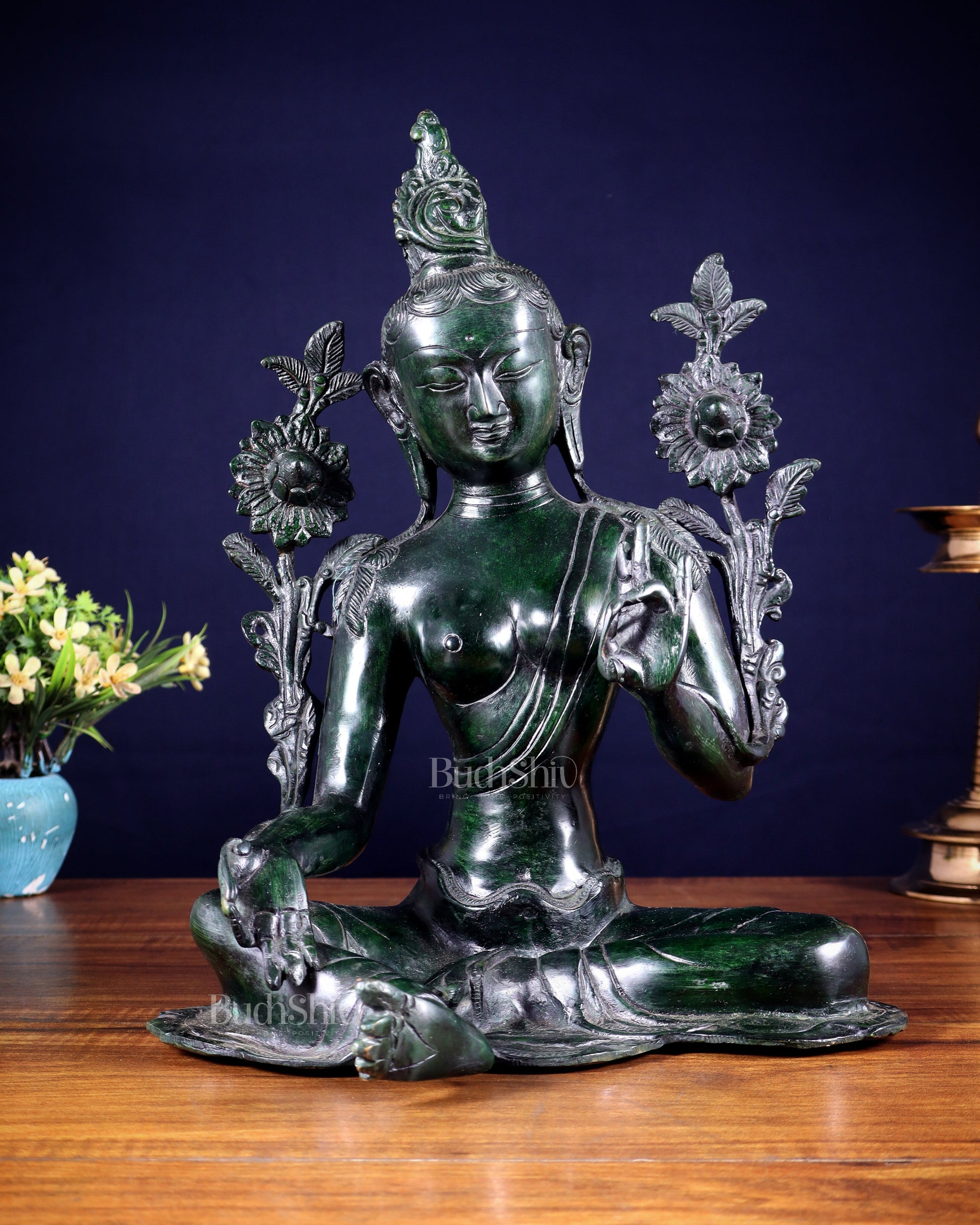 Large Pure Brass Green Tara Idol 13" agate green stone finish - Sama Homes Idol - Brass Sculpture - Eco-friendly - Sama Homes