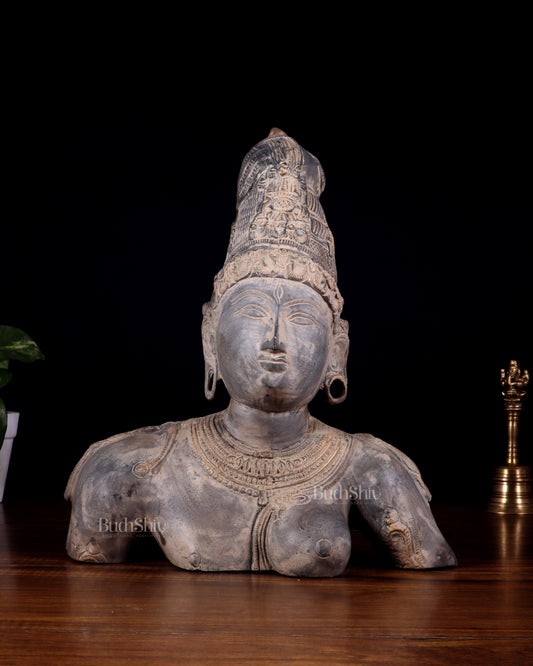 Pure Brass Shiva Parvati Ardhanarishwar Bust Sculpture – Vintage Stone Finish 12.25 inch - Sama Homes Idol - Brass Sculpture