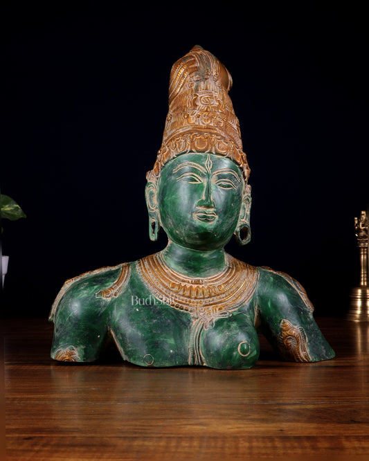 Pure Brass Shiva Parvati Ardhanarishwar Bust Sculpture – Vintage green patina 12.25 inch - Sama Homes Idol - Brass Sculpture
