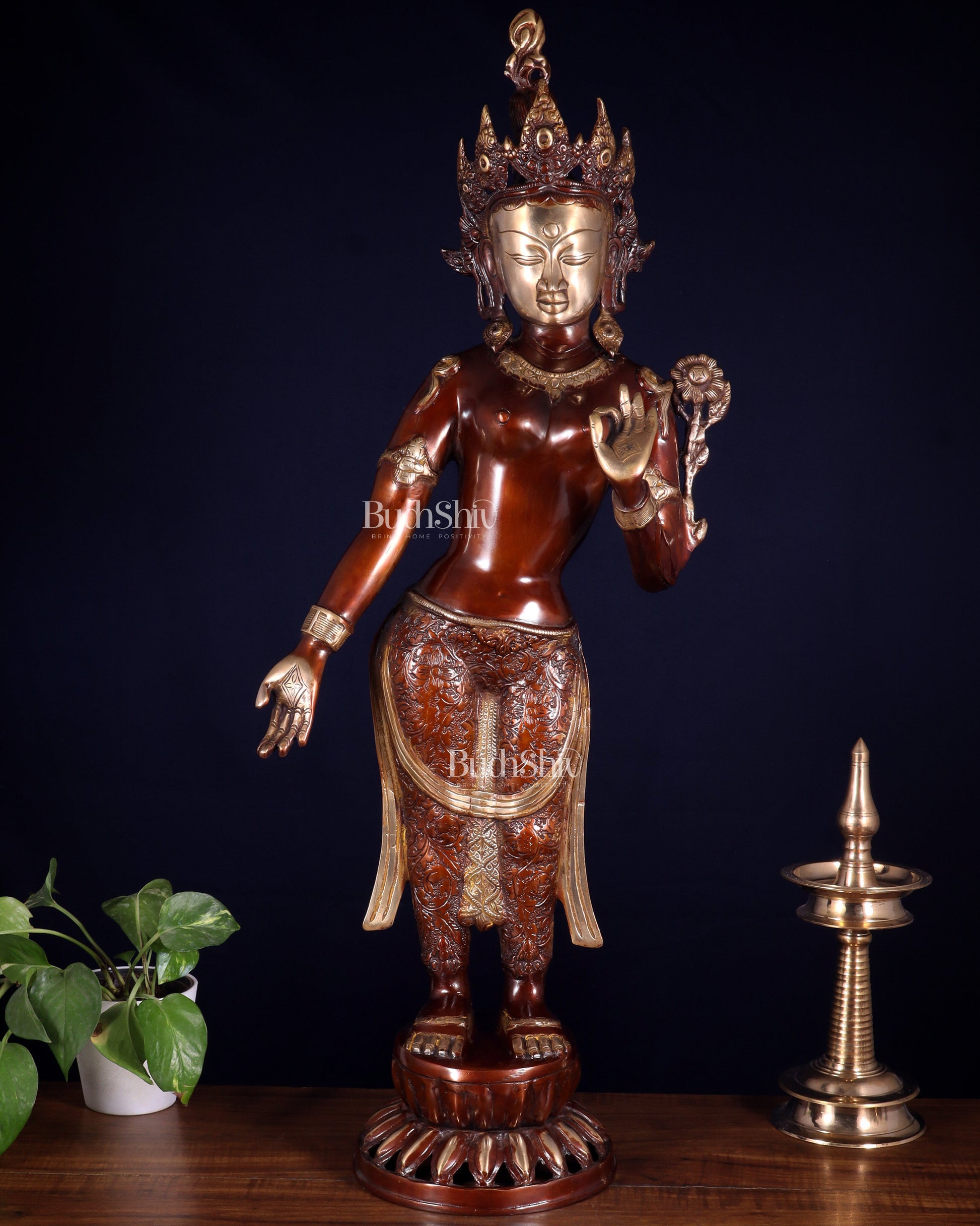 Pure Brass Standing Tara Idol – Dual Tone Copper & Golden Finish 30 inch - Sama Homes Idol - Brass Sculpture - Eco-friendly - Sama Homes