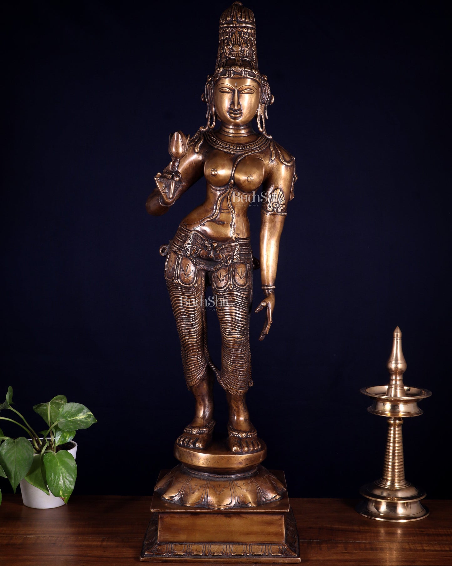 Pure Brass Bhoga Shakti Standing Uma Parvati Statue – Vintage Finish 29.5 inch - Sama Homes Idol - Brass Sculpture