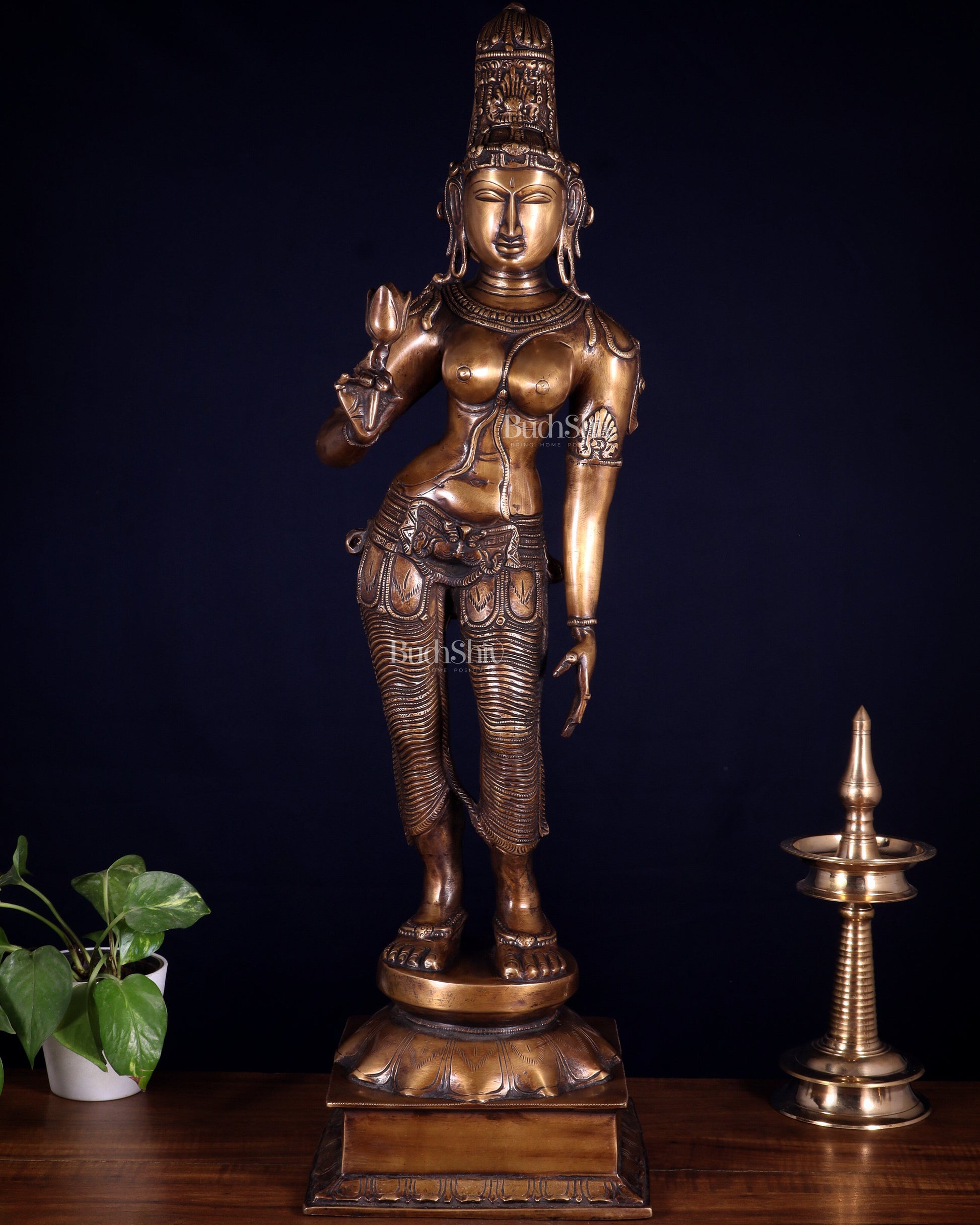 Pure Brass Bhoga Shakti Standing Uma Parvati Statue – Vintage Finish 29.5 inch - Sama Homes Idol - Brass Sculpture - Eco-friendly - Sama Homes