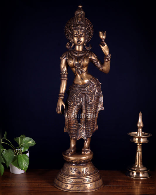Rare Standing Lakshmi Brass Statue – Two Arms, Handcrafted Masterpiece 28.5 inch - Sama Homes Idol - Brass Sculpture