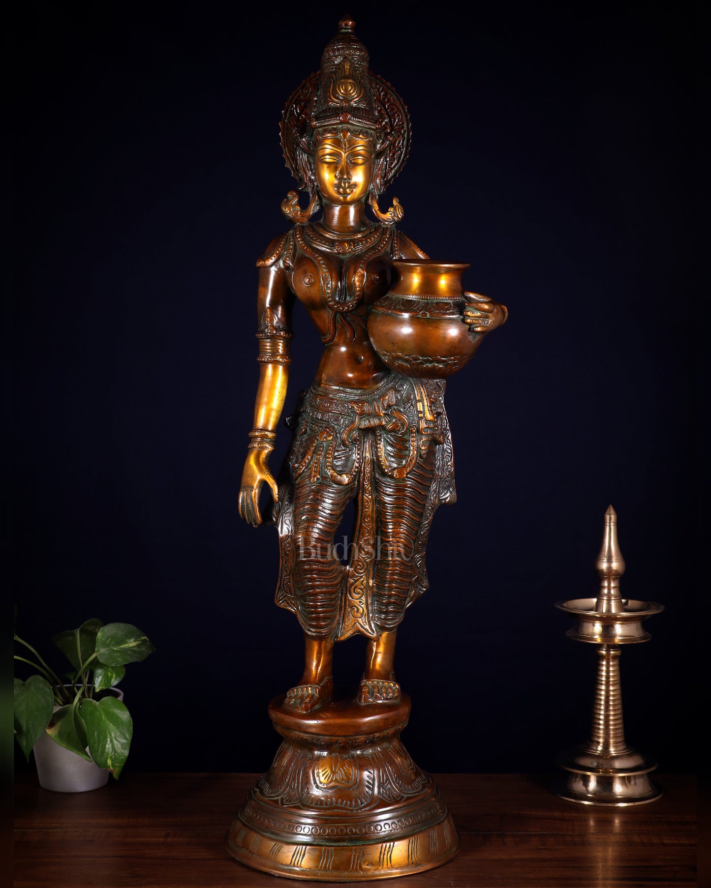 Pure Brass Lady with Pot Statue – Double Chola Tone 28.5 inch - Sama Homes Idol - Brass Sculpture