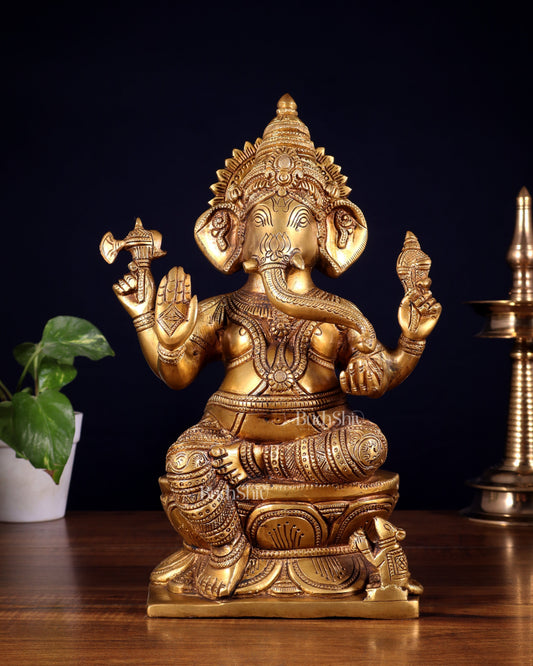 Pure Brass Lord Ganesha Statue – 12 Inch | Handcrafted Idol - Sama Homes Idol - Brass Sculpture